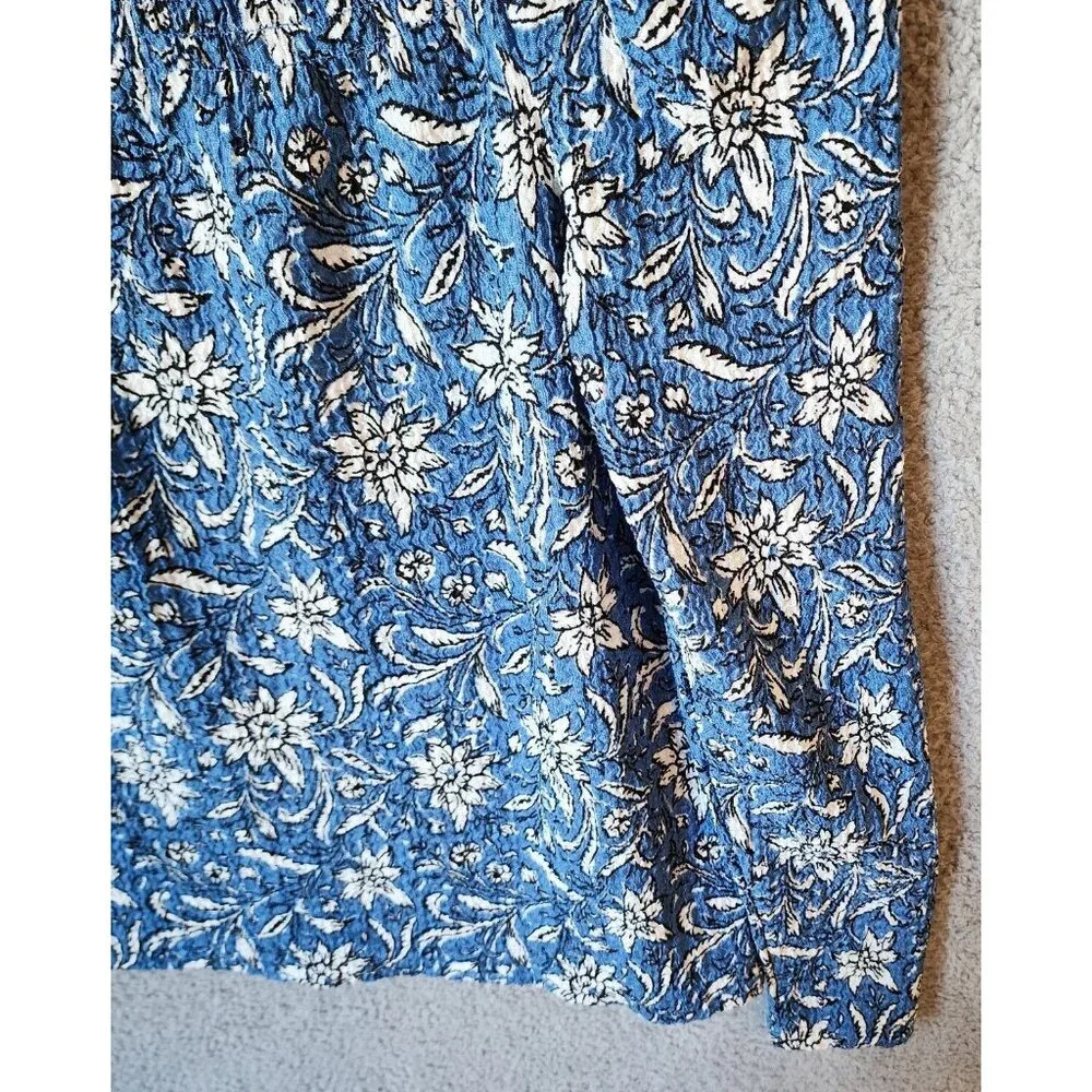 LOFT Women's Square Neck Long Puff Sleeve‎ Blouse Top Blue/White Floral Size S